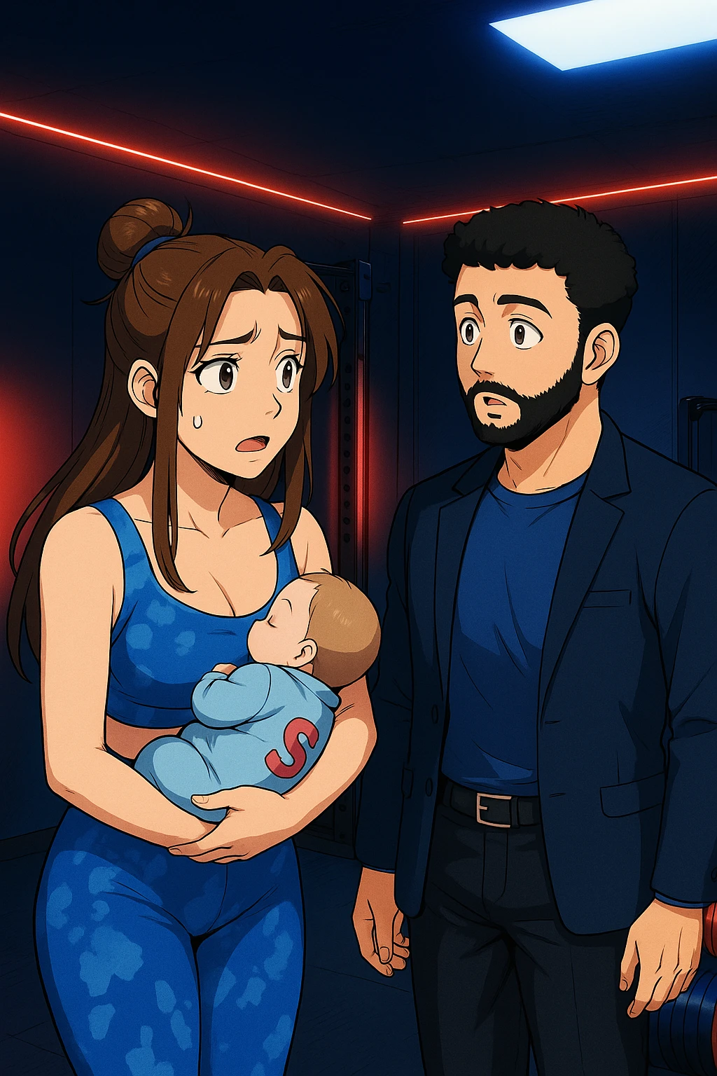 ispirati a questo stile di disegno e fai questa immagine in versione manga/webtoon a colori, il manga mostra la donna preoccupata con un neonato in braccio con una tutina azzurra e la scritta "S" sulla schiena, la donna gli sta facendo una domanda all'uomo, ma non fare i fumetti, fai come se stessero parlando emoji