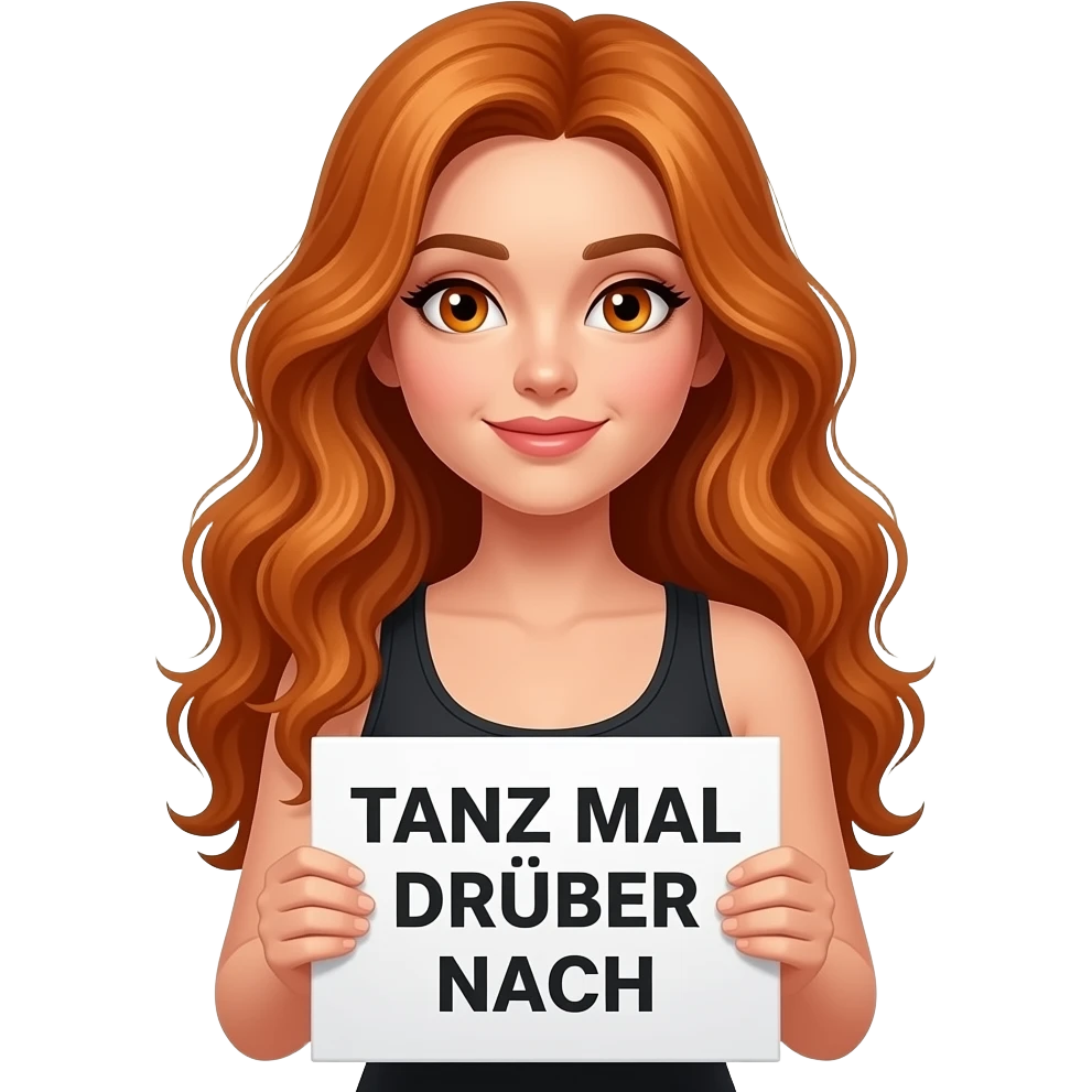 sexy girl with long wavy ginger hair and ginger eyes wearing a black tanktop is holding a white colored sign with TANZ MAL DRÜBER NACH written on it emoji