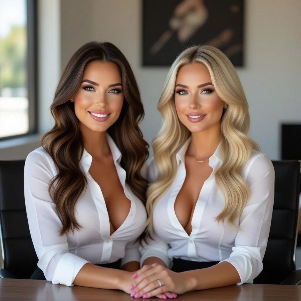 sexy woman brunette, similar to nikki benz, very large breasts, pale skin, blue eyes, very long brown hair, tight white low cut  blouse, big pink lips, short black skirt. at desk next to similar blonde woman sitting in front of each other smiling emoji