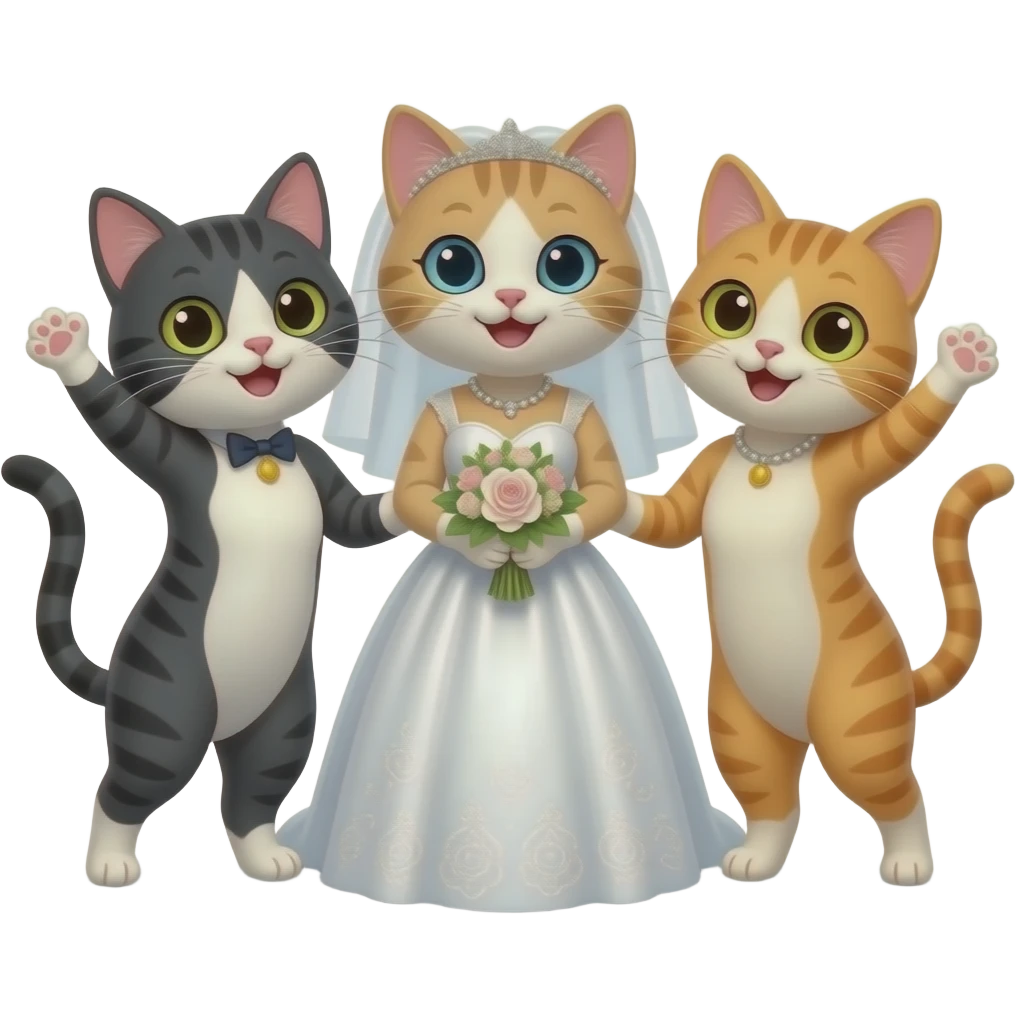 three happy female cats celebrating a bride cat emoji