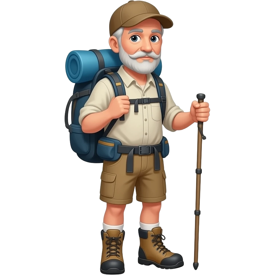 Hombre 55 años, con mochila grande, botas de monte, gorra, peregrino del camino de santiago emoji