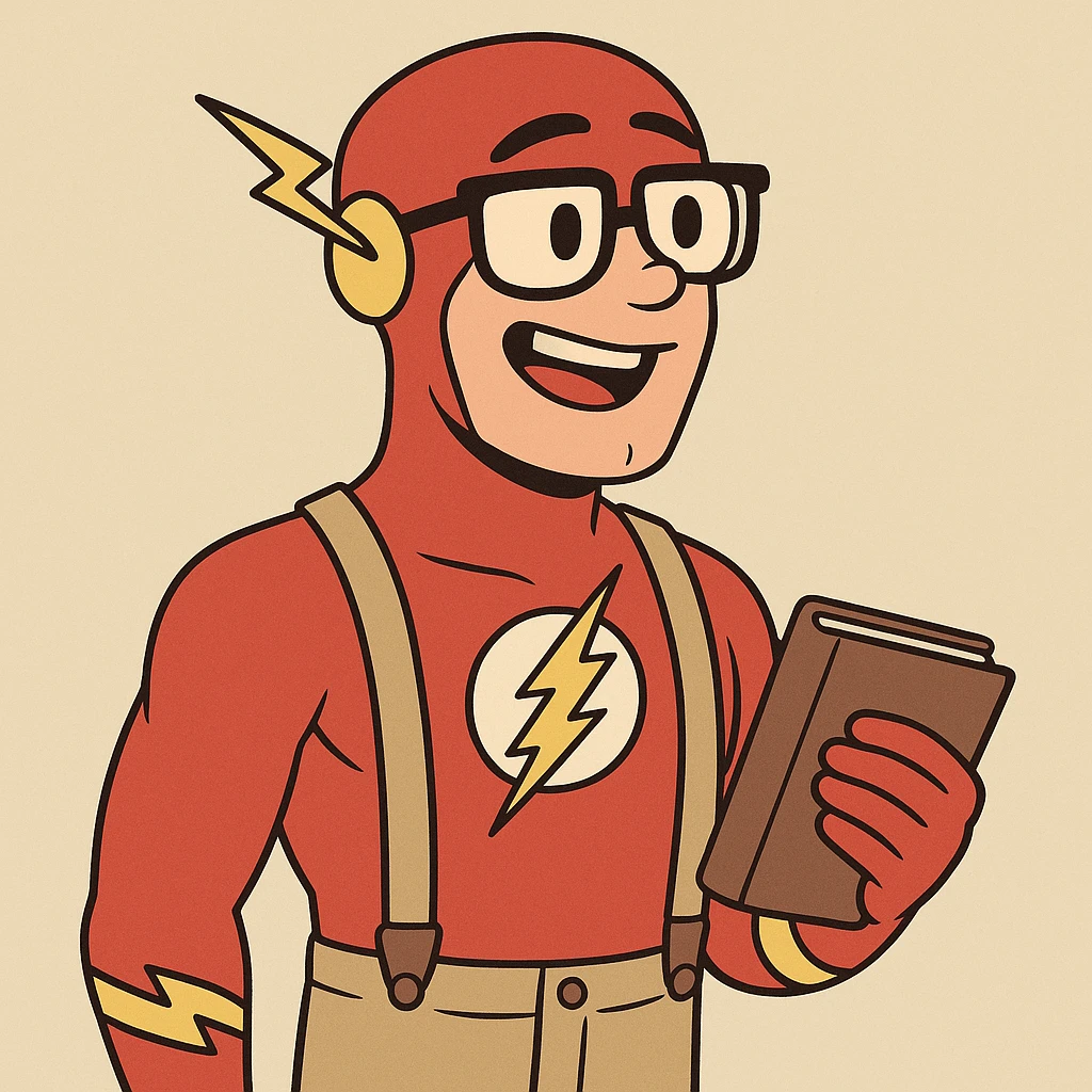 Nerdy version of The Flash, wearing suspenders and holding a book, cartoon style emoji