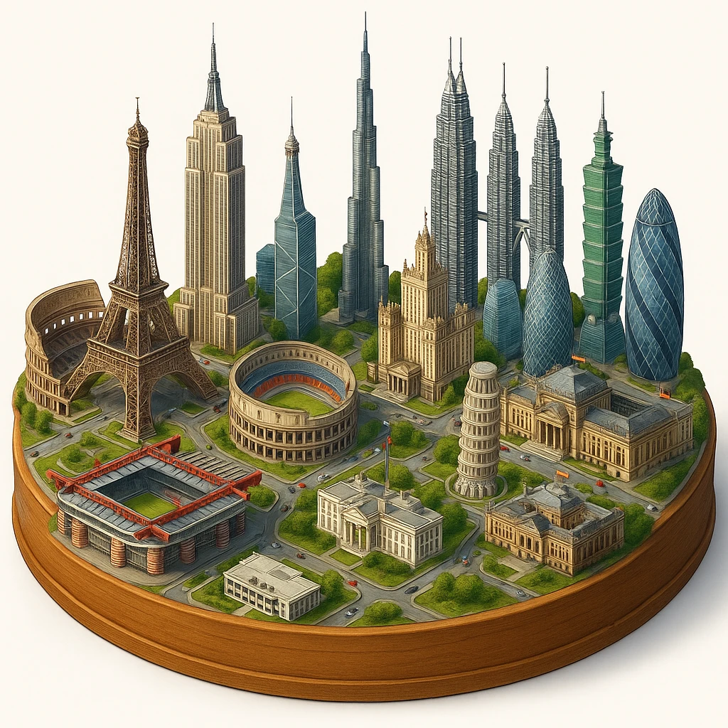 Оставь основу картинки - деревянную подставку, но при этом сгенерируй изометричную, яркая, детализированную и фотореалистичную модель где будет самые узнаваемые здания мира - Эмпайр Стейт Билдинг, Эйфелева башня, Колизей, Сиднейская опера, стадион Сан-Сиро, Белый Дом Пизанская башня, здание МГУ, Бурдж-Халифа, Башни Петронас, Небоскрёб Фостера в Лондоне, Рейхстаг, Тайбэй. Здания не должны повторять и должны быть на картинке в единственном экземпляре emoji