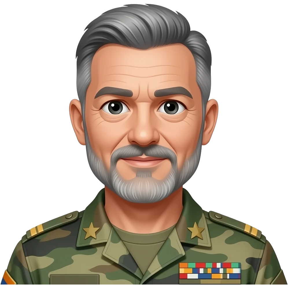 Mid 50’s with gray military short hair and gray beard emoji