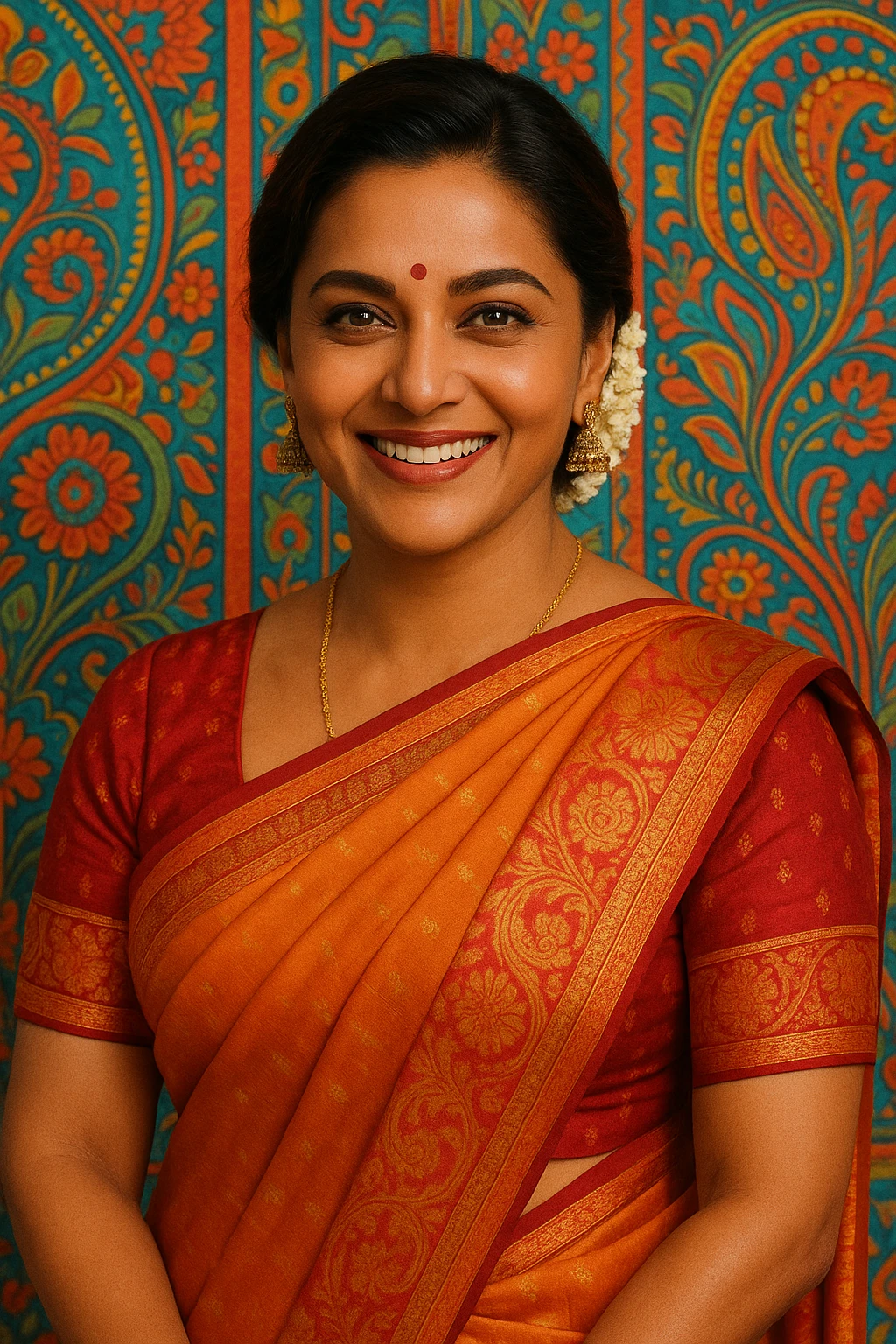 a well-known movie star depicted as an Indian woman in a saree, smiling, colorful background emoji