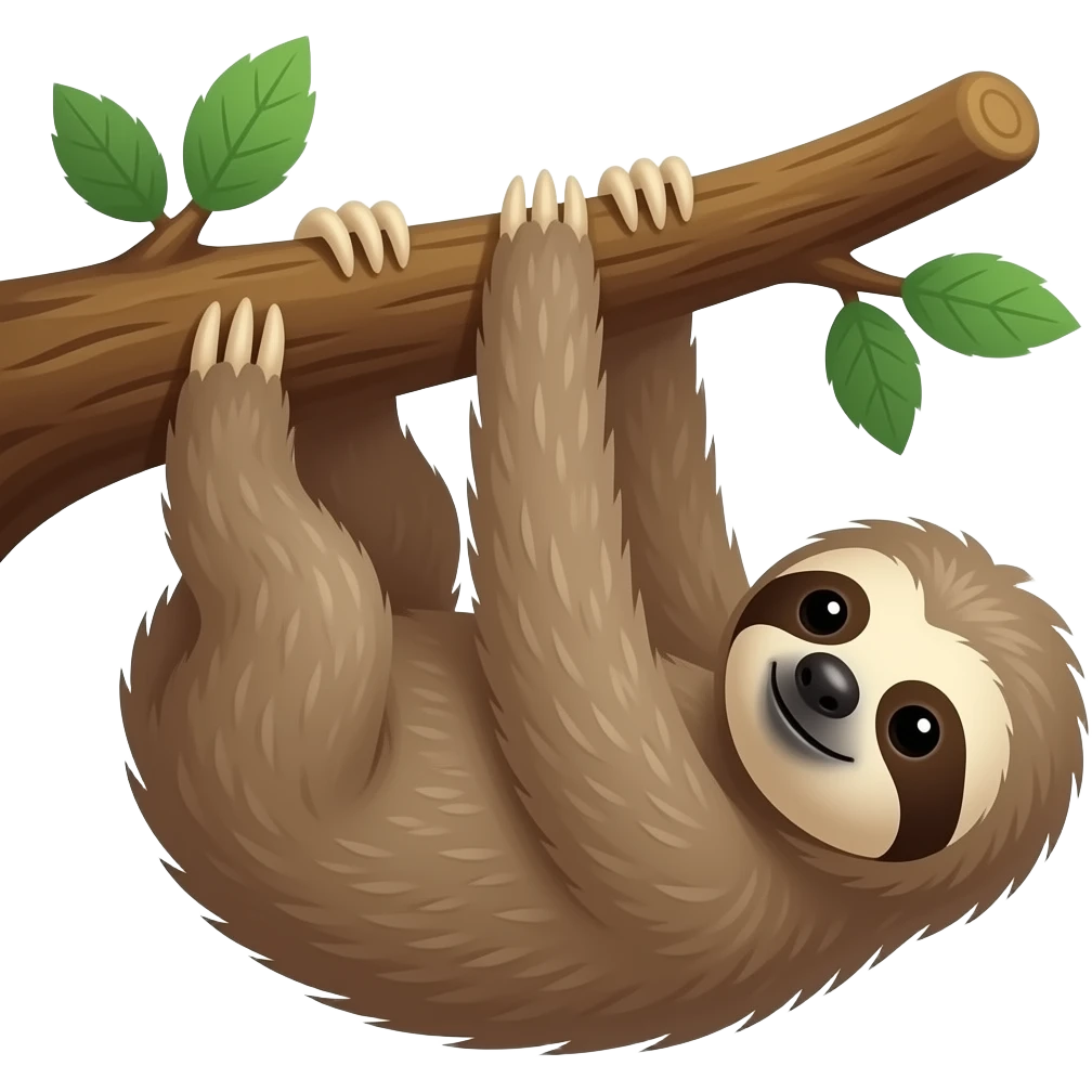 hanging sloth with long limbs big tree drink morning coffee emoji