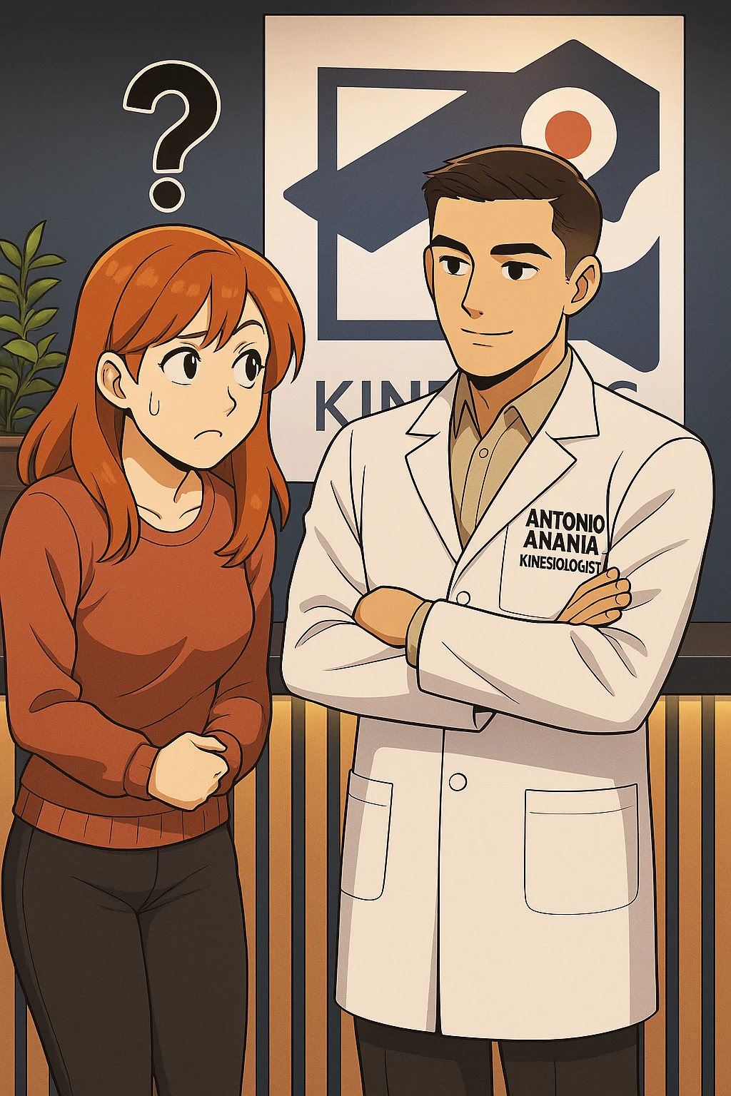 su questo stile fai un manga/webtoon a colori in cui una donna incuriosita fa una DOMANDA ALL'UOMO, l'uomo della foto in stile manga LE risponde, mantieni un ambiente simile alla foto che ho allegato con il suo logo (sarebbe il suo studio, lui è un kinesiologo), scrivigli "ANTONIO ANANIA" sul camice bianco, non mettere fumetti, ma fai in modo che sembri che la donna CHIEDA curiosa E L'UOMO le risponda emoji