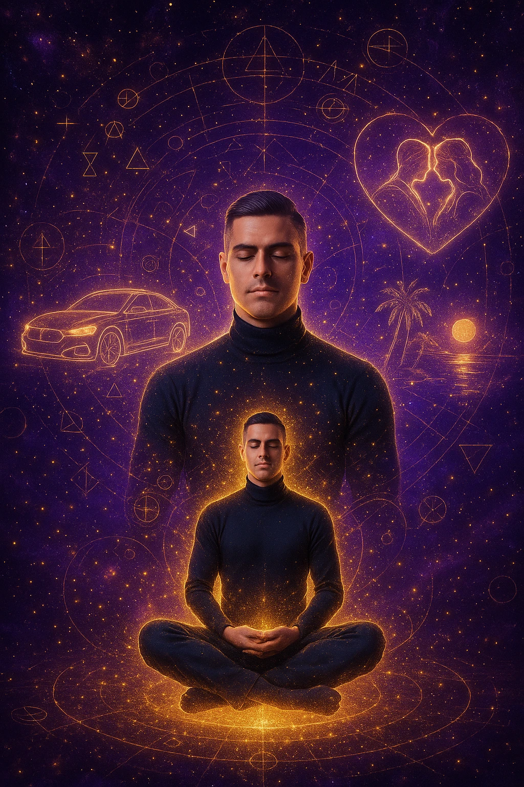 "Un uomo in meditazione fluttuante nello spazio cosmico, circondato da particelle dorate e simboli alchemici. Intorno a lui, oggetti e situazioni dei suoi desideri (auto, viaggi, amore) si materializzano come ologrammi luminosi. Stile cyber-mistico, colori viola e oro." emoji