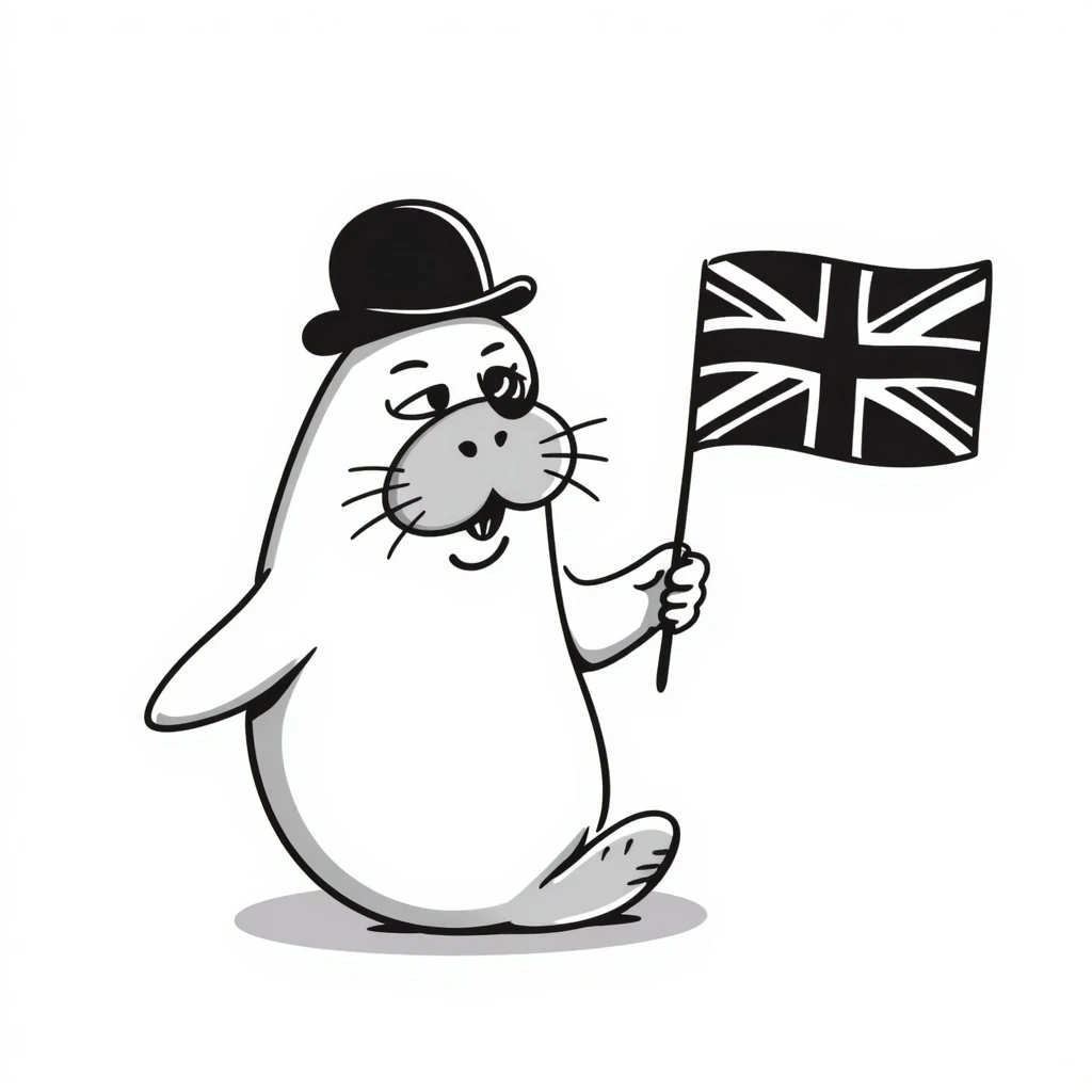 British manatee wearing a bowler hat and monocle, holding a Union Jack flag, hand drawn doodle style emoji
