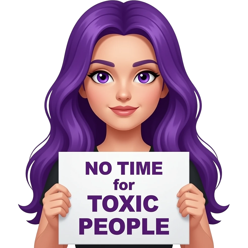 sexy girl with long purple hair and purple eyes holding a NO TIME for TOXIC PEOPLE sign emoji