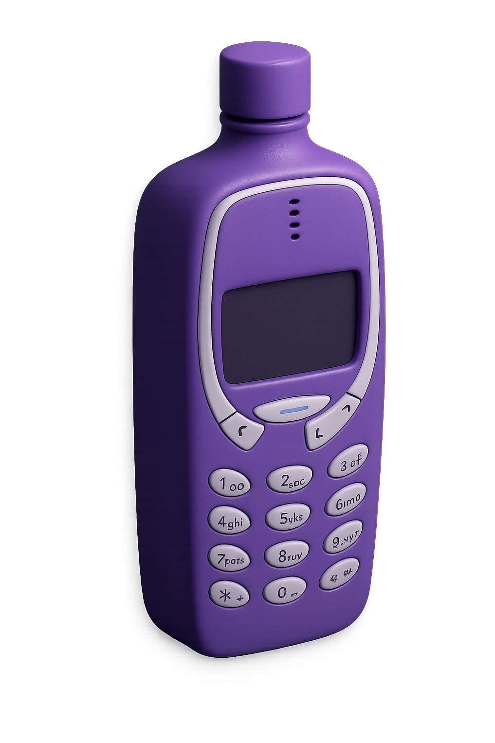 realistic 3D violet bottle shaped like a Nokia 3310 style mobile phone with buttons and screen, no text emoji