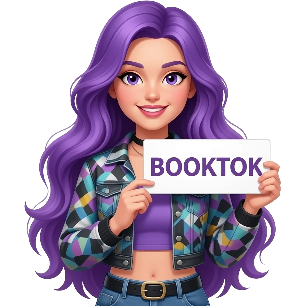 sexy girl with long purple hair holding a BOOKTOK sign emoji