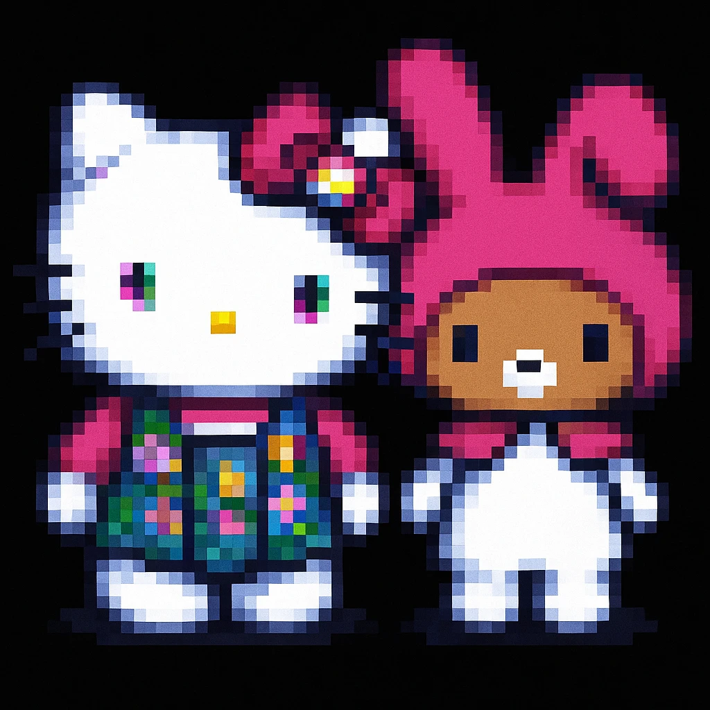 Add a friend to Hello Kitty in the style of pixel art emoji