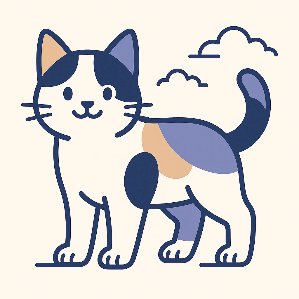 a three colour cat with calico pattern, standing, friendly expression, white background emoji