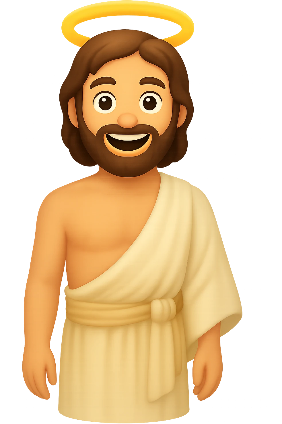 Create a portrait mode image of Apostle Peter in classic emoji style with lighter colors. He should be shirtless with plain robes, an expressive face, smiling, a halo, and no background. Focus on a classic emoji look with simplified features and lighter color palette. emoji