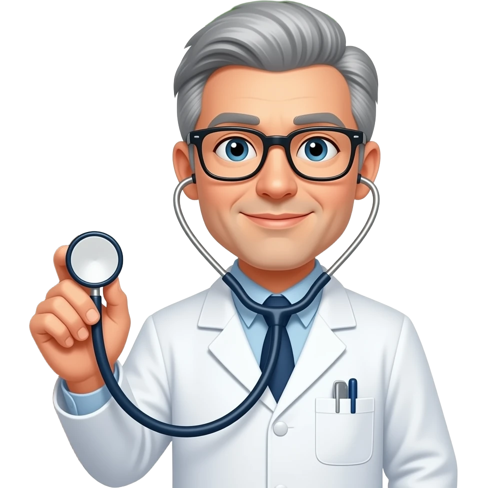male doctor grey hair glasses holding stethoscope against a tree emoji
