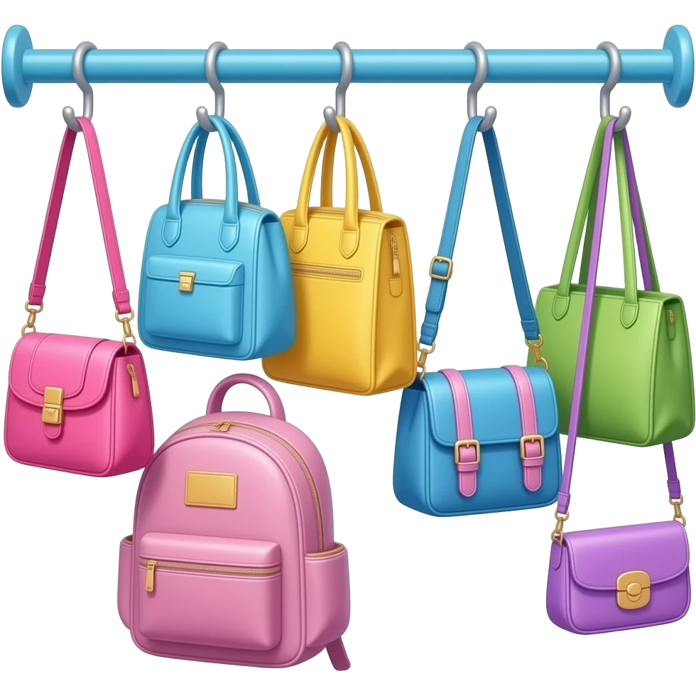 pink, blue, yellow, green, purple bag and blue vertical standing coat hanger pole with multiple hooks , each level holding different bags such as handbags, backpacks, tote bags, and crossbody bags, inspired by Barbie colour palette emoji