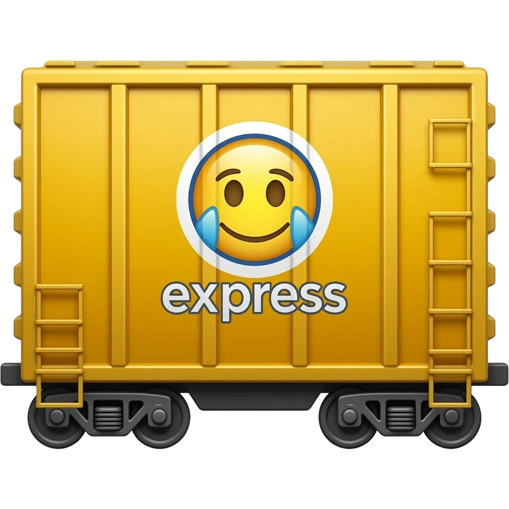 A yellow train wagon with a logo showing emoji express on the side emoji