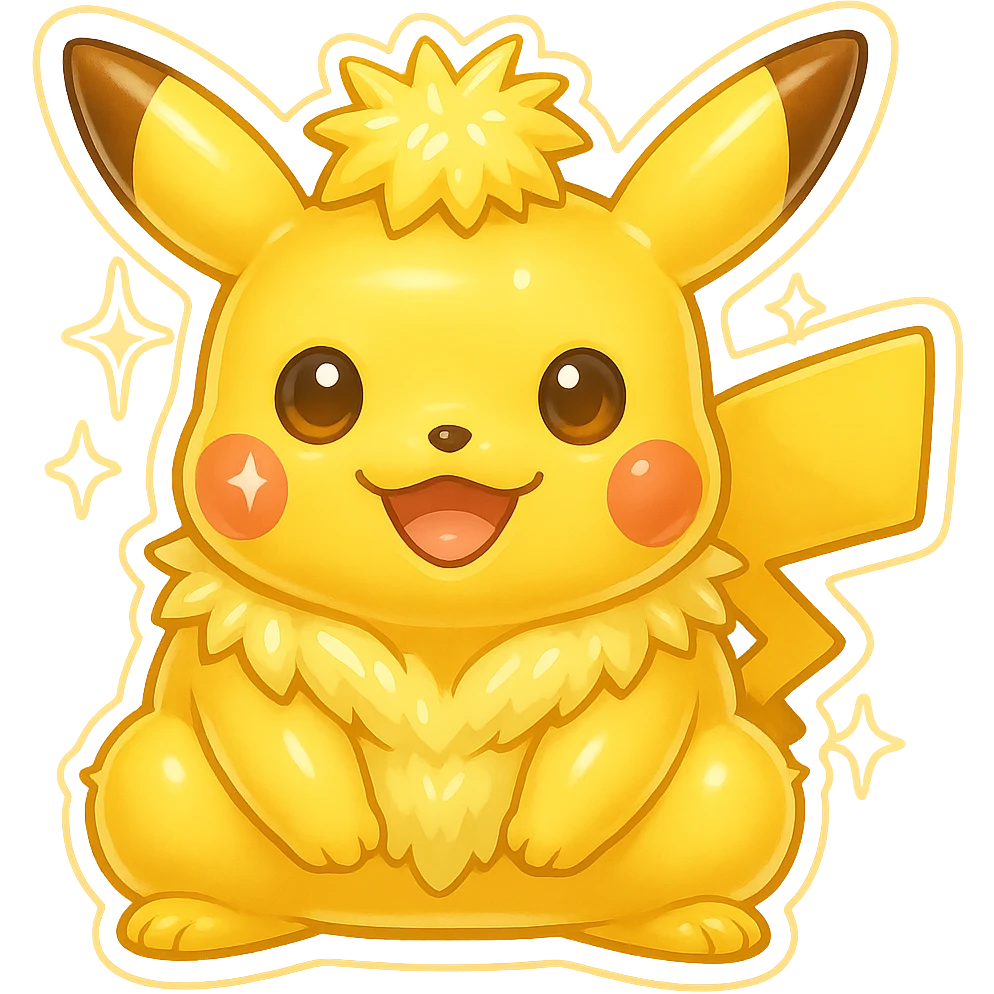 Make this a shiny Pikachu with a lighter yellow color and sparkles, keep the retro stickers style and no background. emoji