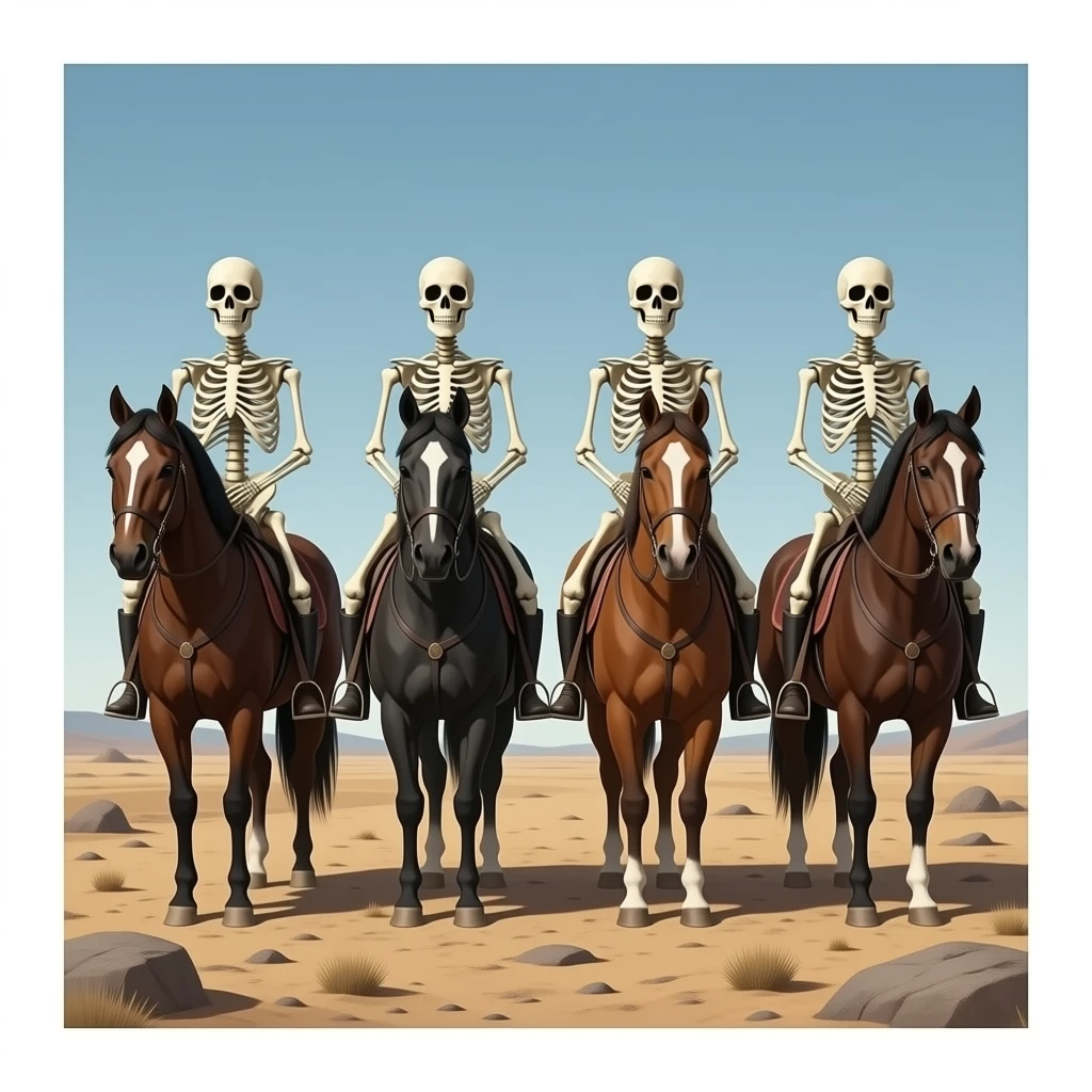 cinematic realistic - four riders of the Apocalypse,  in a desolate landscape on horse skeletons emoji