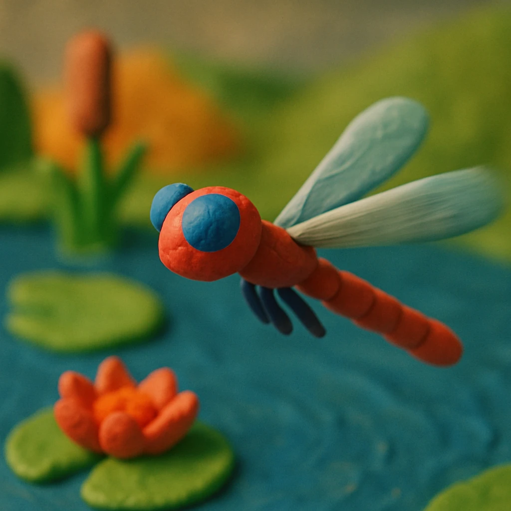 claymation style dragonfly flying with a blurred motion effect, colorful pond background emoji