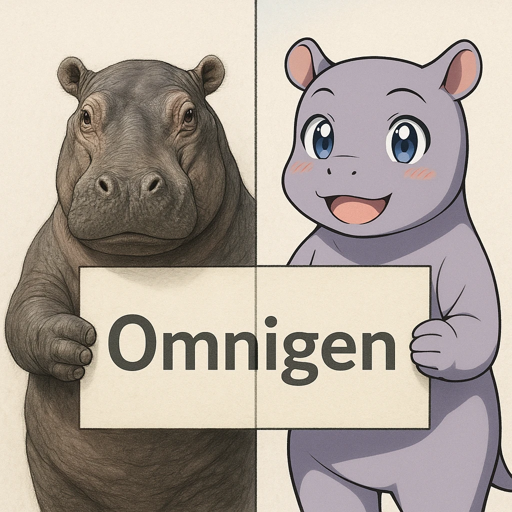 two hippo holding sign of omnigen, half picture 1 hippo is realistic another half is the anime of that same second hippo, with before after mark emoji