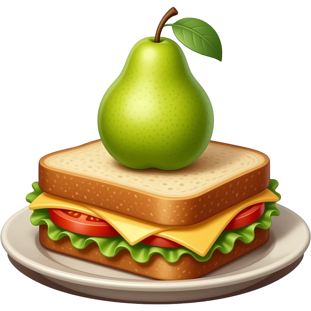 Cheese sandwich and a pear amid emoji