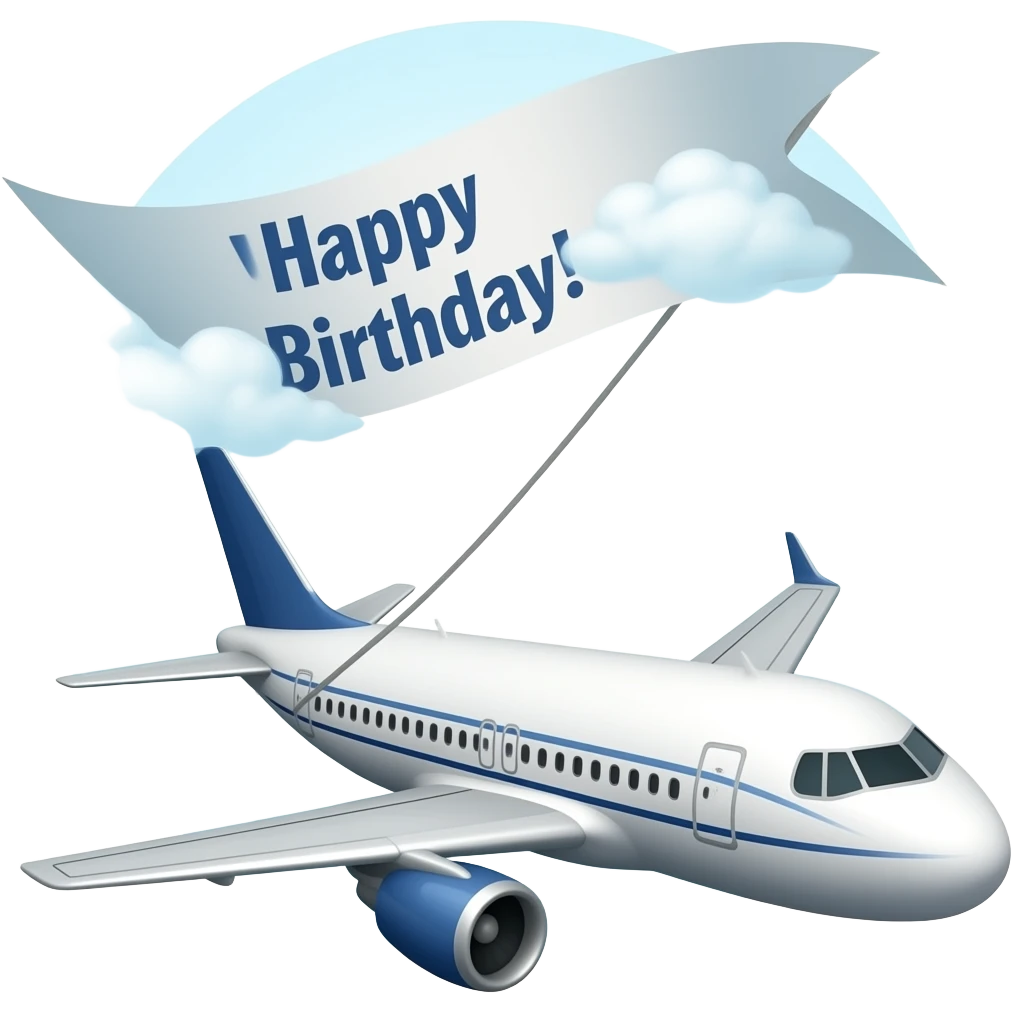 a plane pulling a banner on its tail with the words "Happy Birthday!" on it emoji