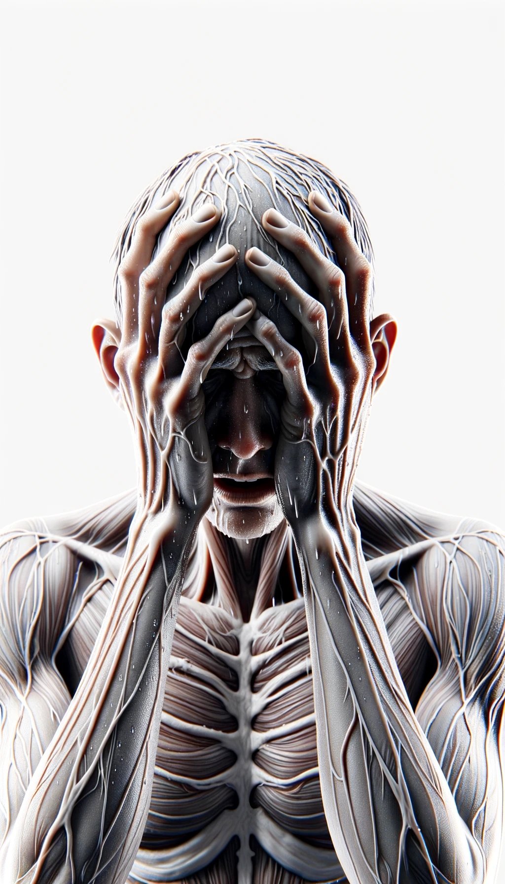 CORPO UMANO ANATOMICO REALISTICO DISPERATO, SI TIENE LE MANI SULLA FRONTE E NON SA COSA FARE, SUDATO, IPERREALISTICO 4K, SFONDO BIANCO emoji