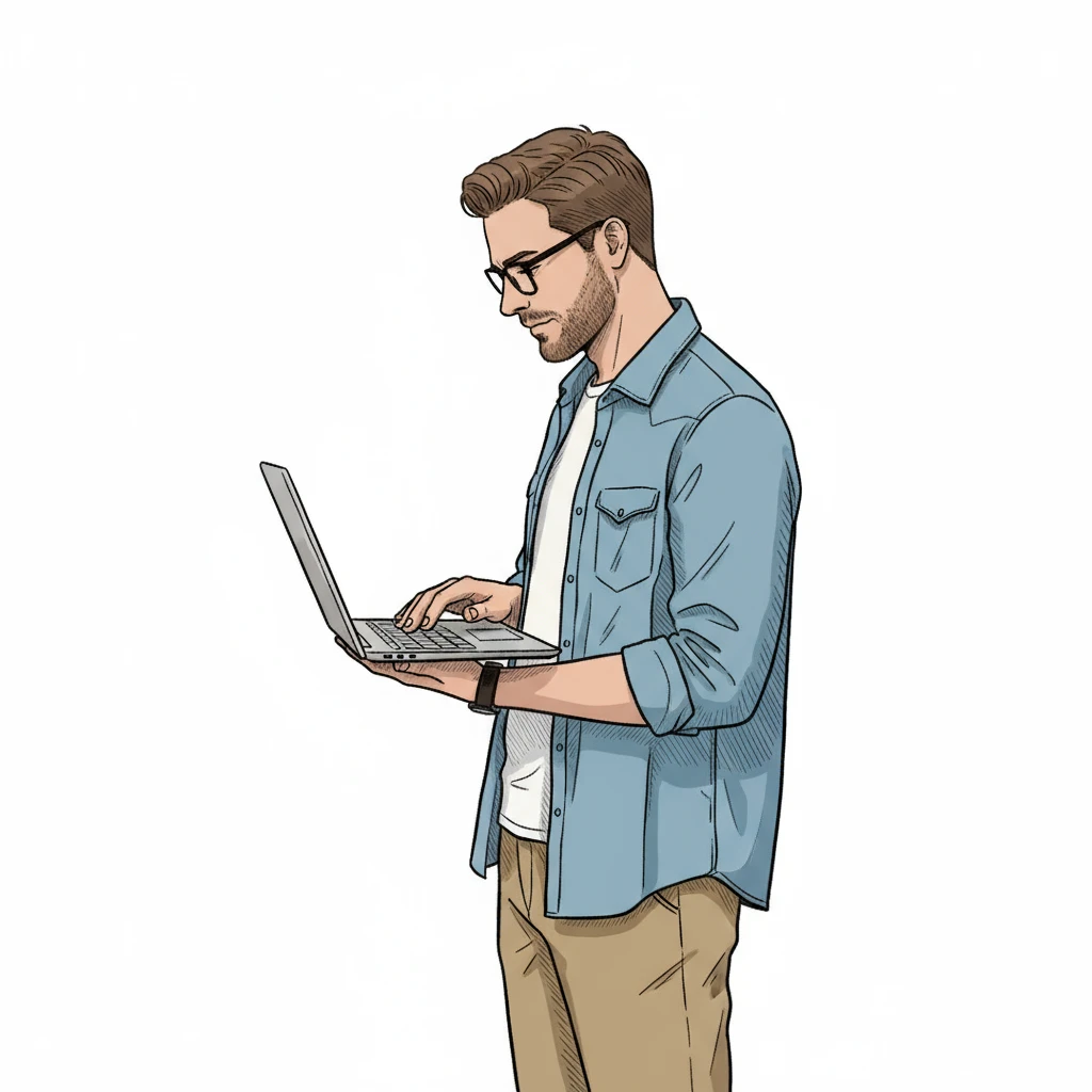 нарисуй похожего мужчину строго в профиль, который держит в руках ноутбук, как на картинке, но в стиле, как на картинке мужчина рабочий, без фона emoji