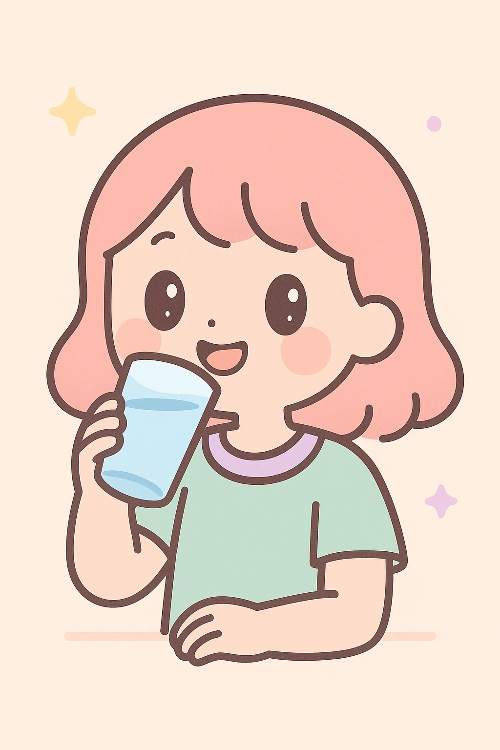 girl drinking water, cute, big eyes, pastel colors emoji