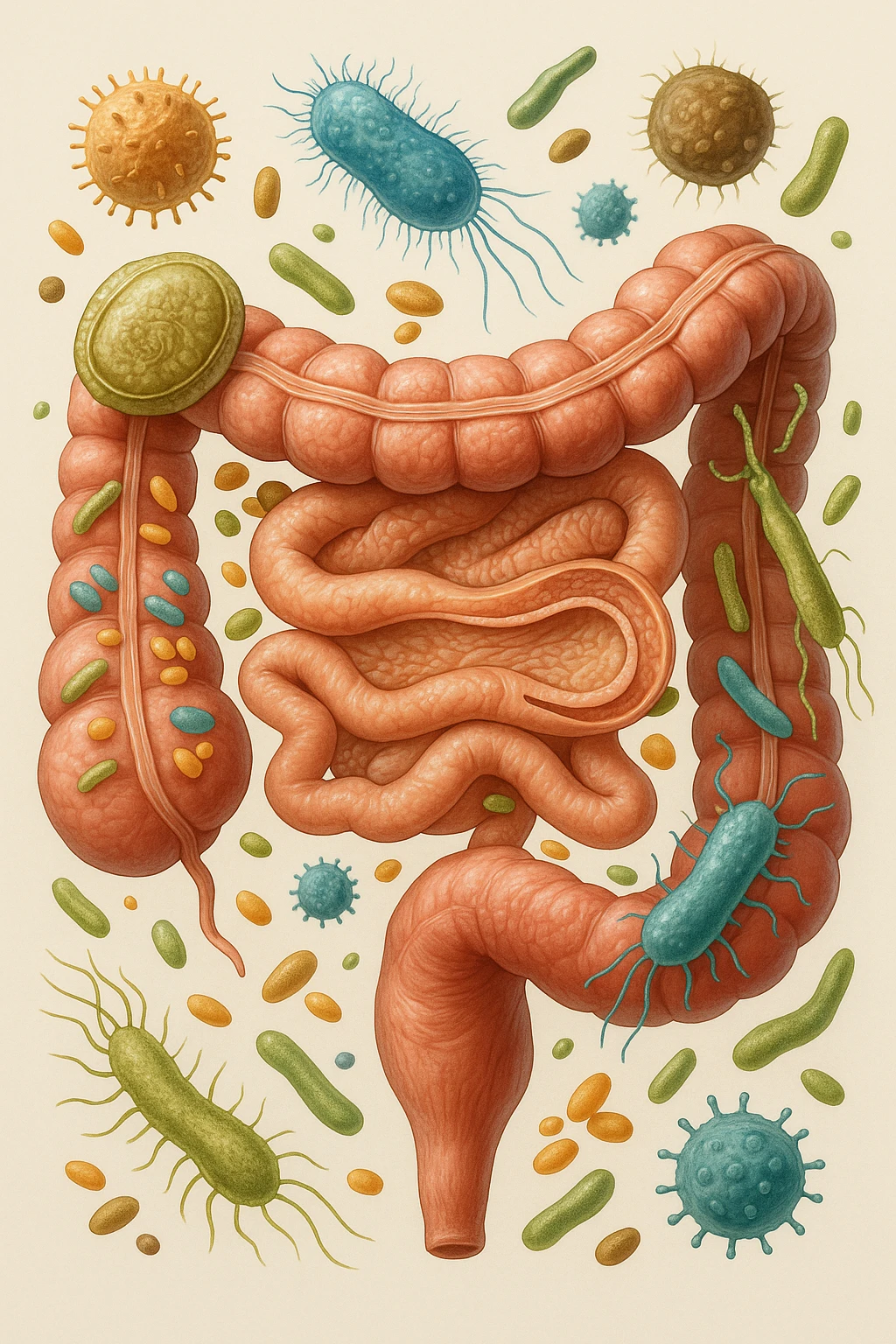 INTESTINO UMANO ANATOMICO CON BATTERI E PARASSITI INTORNO, SFONDO CHIARO NEUTRO, IPERREALISTICO 4K emoji