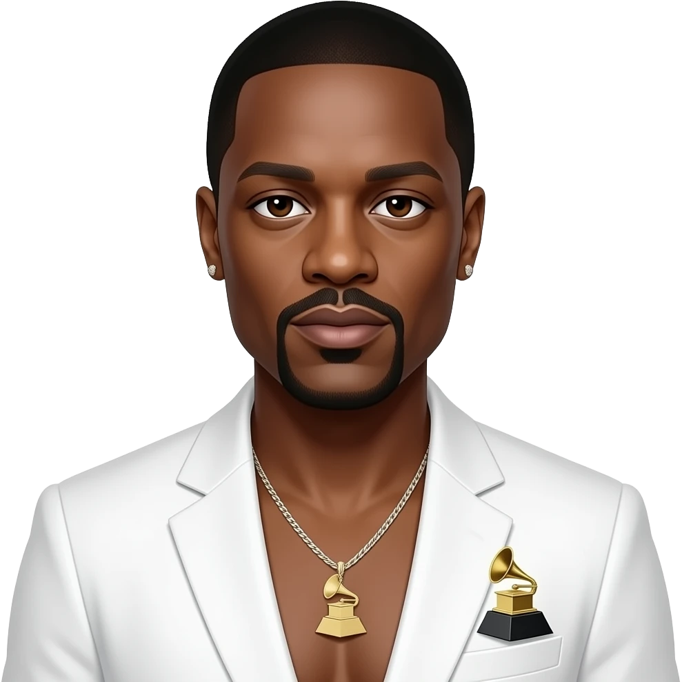 P Diddy with brown eyes, black buzz cut hair, white grammy suit jacket, shirtless with necklace and earrings emoji