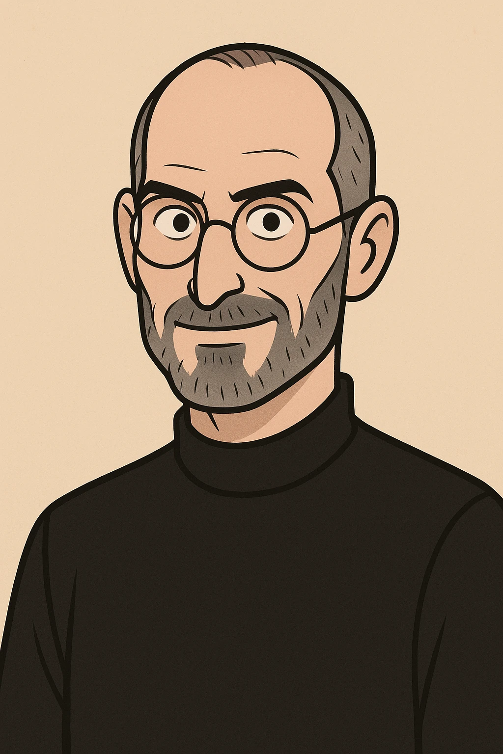 minimalist style portrait of Steve Jobs with iconic black turtleneck and round glasses emoji