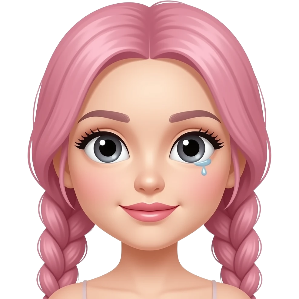 pastel pink split hair with braids, big shiny eyes, soft face, subtle smirk, slightly seductive confident expression, glossy lips, defined lashes, tiny tear under one eye, modern aesthetic girl, not childlike, mature cute, bubblegum aesthetic, smooth shading, sticker style, pastel colors, emoji