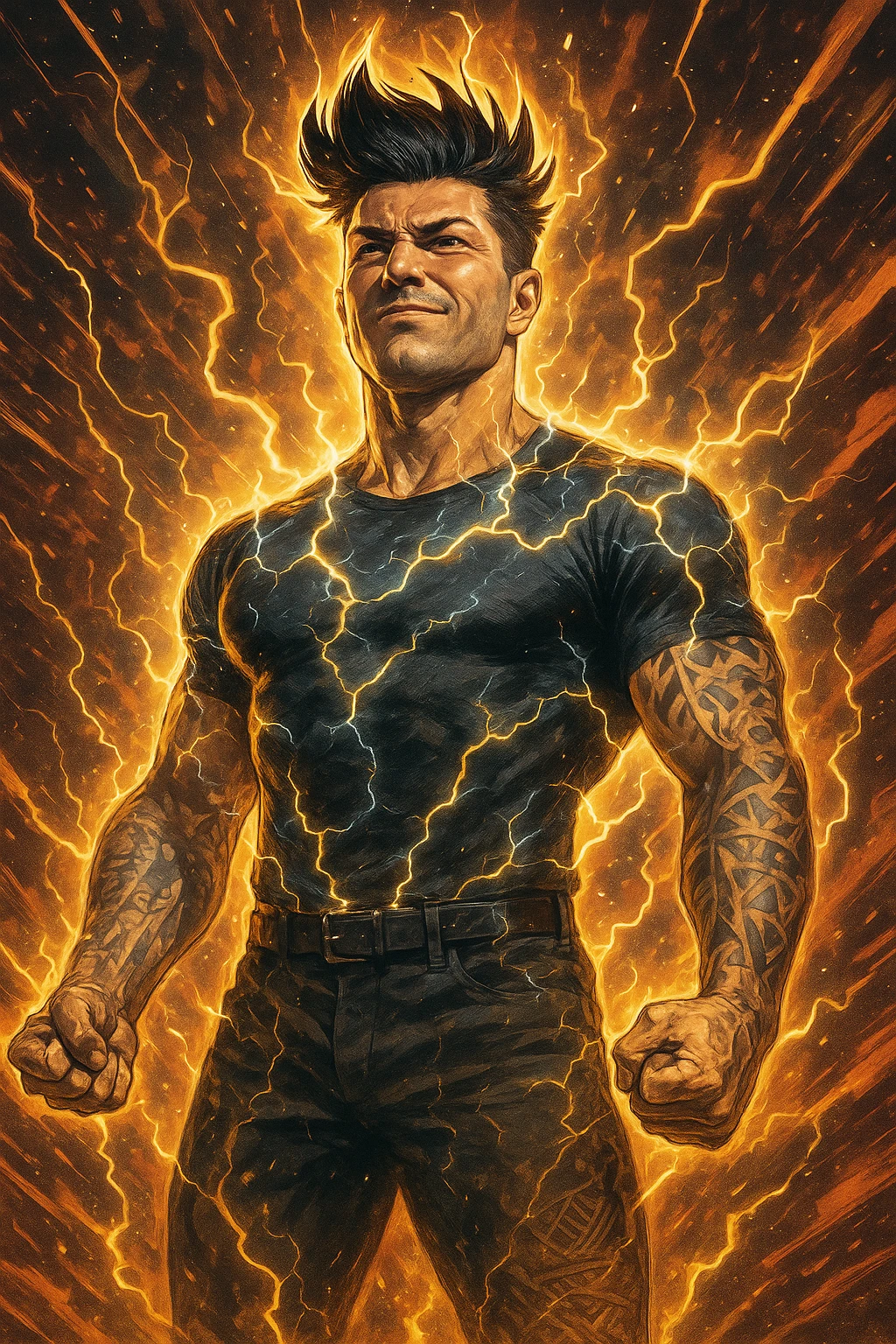 cinematic a man with a chiseled physique and wild, upward hair stands center stage, fists clenched and chest out. A radiant, electric aura envelops him, with energy lines and glowing effects highlighting his strength and masculinity. His face shows determination and pride, and the background features explosive, dynamic patterns. emoji