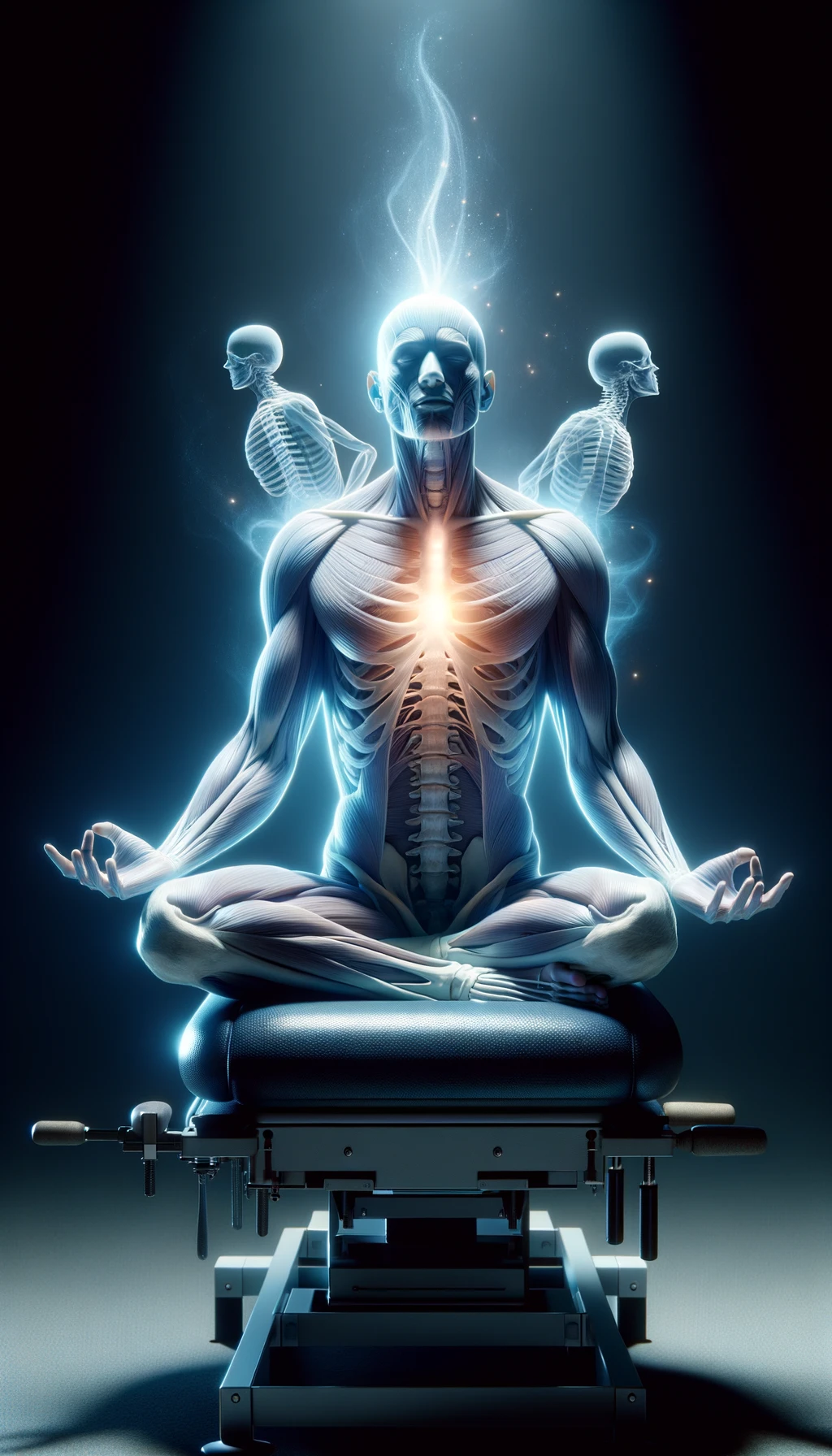 l'anima di un corpo umano anatomico gli esce dal corpo e si risveglia, misticità e serenità del corpo e della mente mentre sta seduto su un lettino di un kinesiologo, iperrealistico 4k emoji