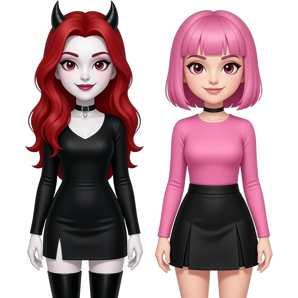 Vampiro femmina ADOLESCENTE con pelle bianca e capelli rossi lunghi che indossa un tubino nero con maniche lunghe e degli stivali lunghi neri con tacco  insieme alla sua amica VAMPIRO con i capelli rosa e la frangia che ha una gonna corta nera e un top con le maniche lunghe rosa emoji
