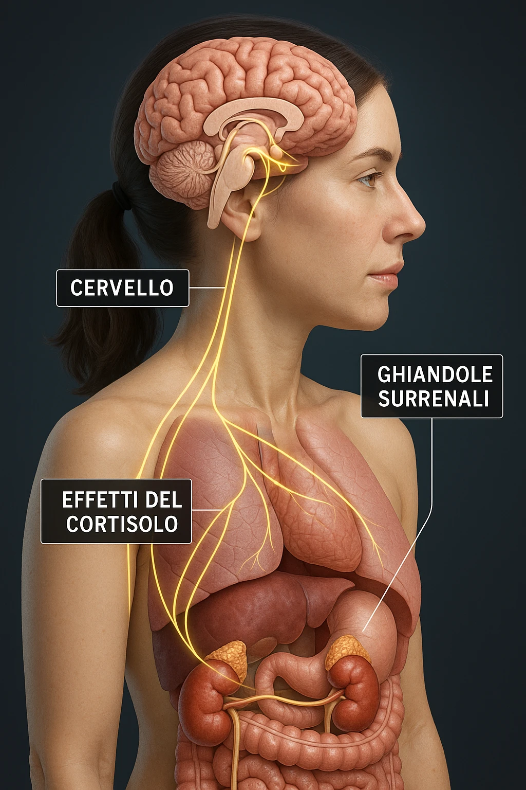 realistic 3D medical image of a woman showing effects of cortisol, brain and adrenal glands emphasized, visible hormonal connections, captions in Italian, aspect ratio 2:3 emoji