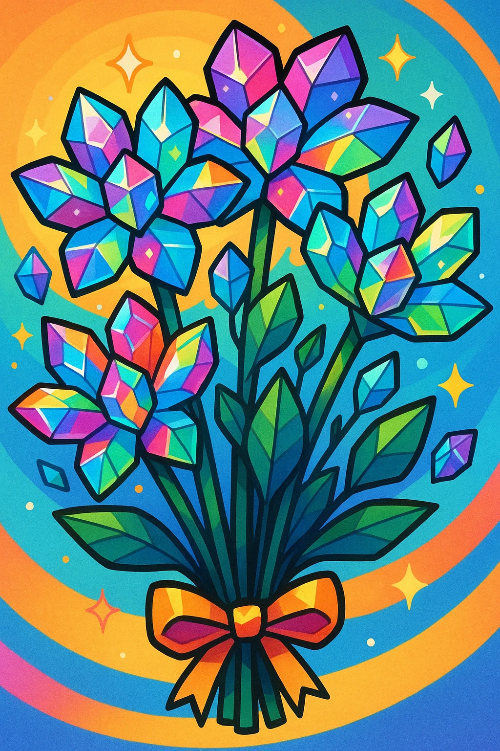 A bouquet of crystal flowers, shimmering with rainbow colors, in a vibrant cartoon style. emoji