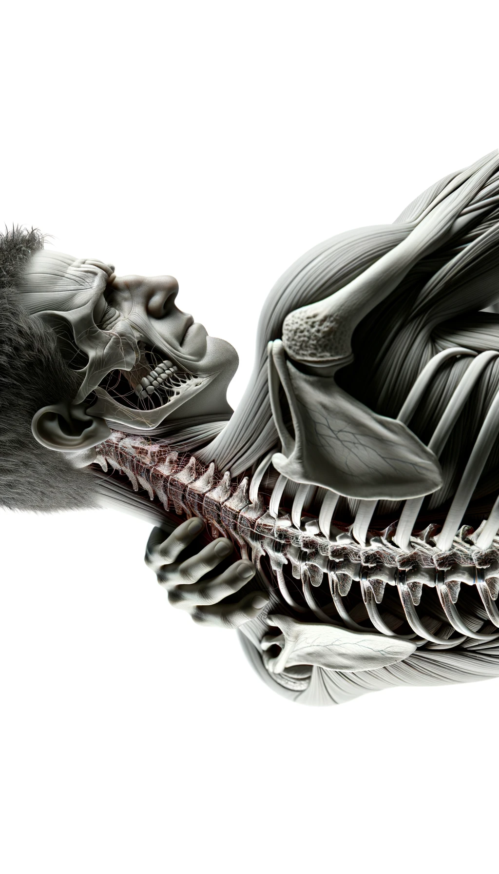 corpo umano anatomico con mal di schiena, espressione di dolore in volto, spina dorsale in evidenza, iperrealistico 4k , sfondo bianco emoji