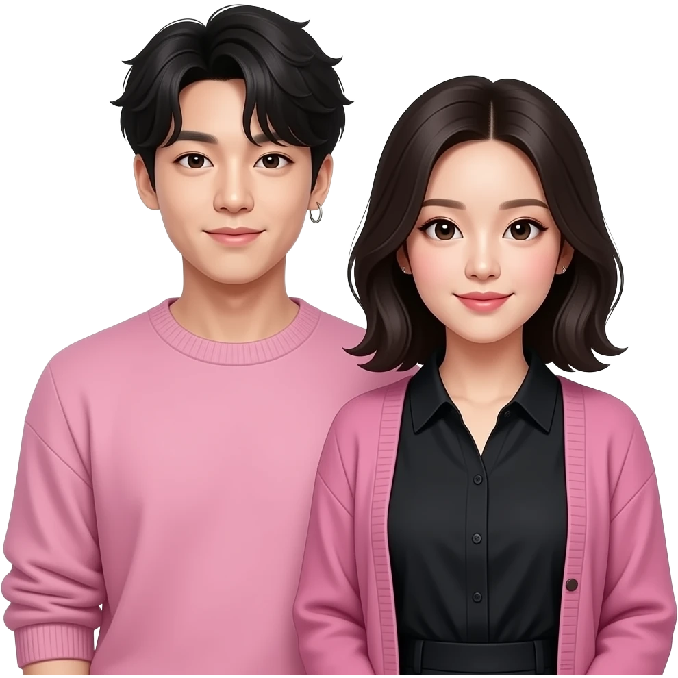 Jungkook from BTS posing for a photo with a woman with shoulder-length black hair wearing an unbuttoned pink sweater and a black blouse emoji