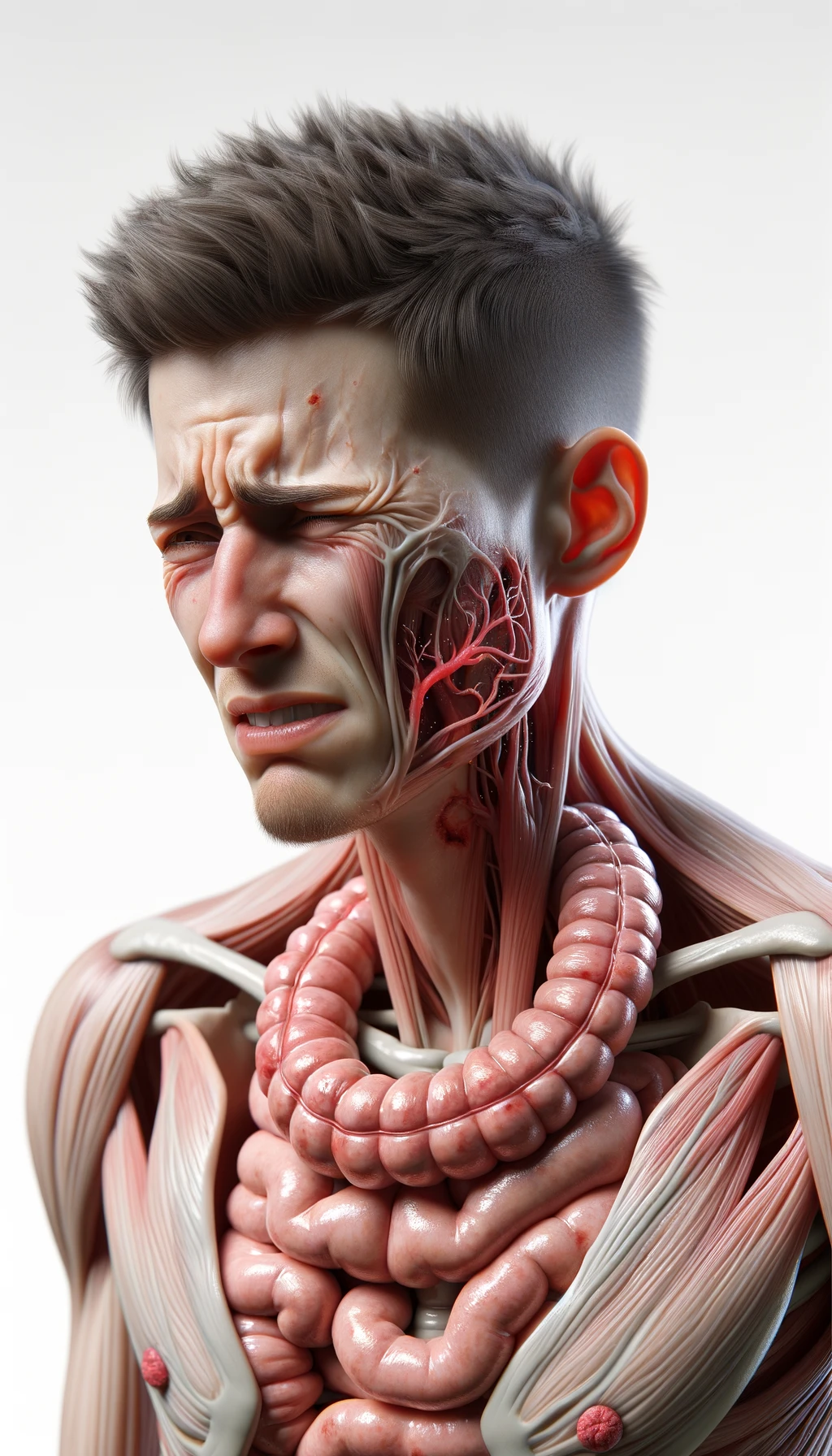 corpo umano anatomico con capelli corti realistico con intestino infiammato, espressione di dolore in volto, iperrealistico 4k, isolato su sfondo bianco emoji