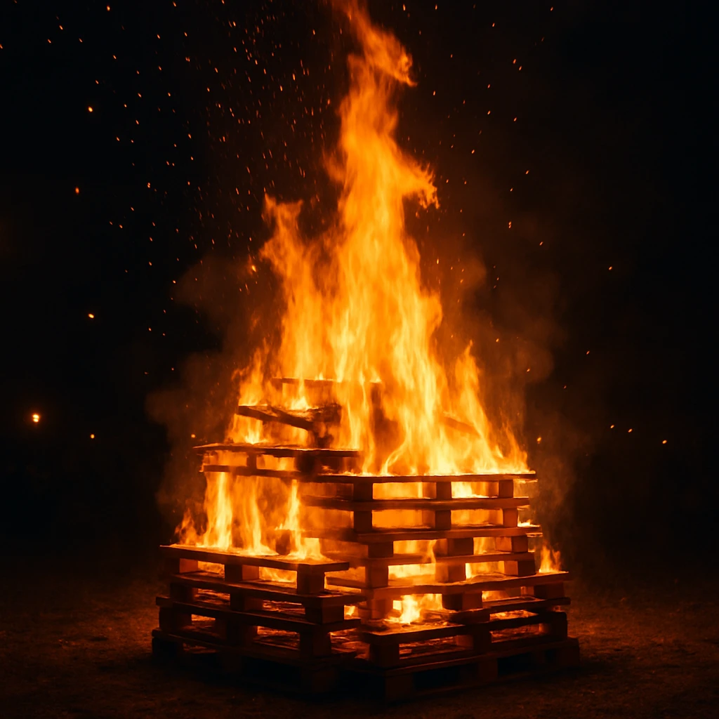 a pallet bonfire, stacked wooden pallets ablaze, bright fire, sparks, nighttime, festive atmosphere emoji