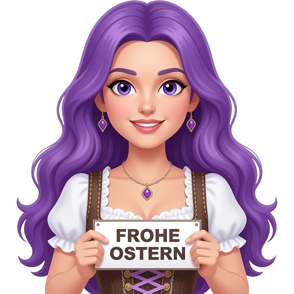 sexy girl with long purple hair and purple eyes wearing a dirndl holding a FROHE OSTERN sign emoji