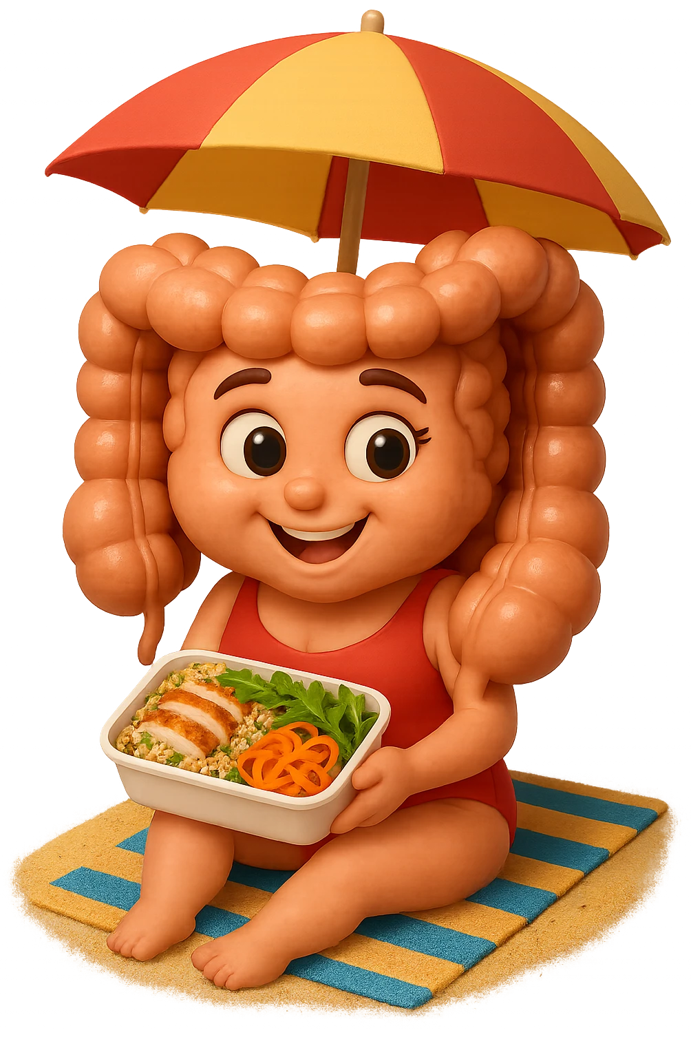EMOJI STILE IPHONE DI INTESTINO DONNA CON COSTUME INTERO IN SPIAGGIA SEDUTO SU UNA SPIAGGINA SOTTO L'OMBRELLONE CON IN MANO UNA SCHISCETTA DI Insalata di quinoa e pollo con rucola e carote, iperrealistica 4k emoji