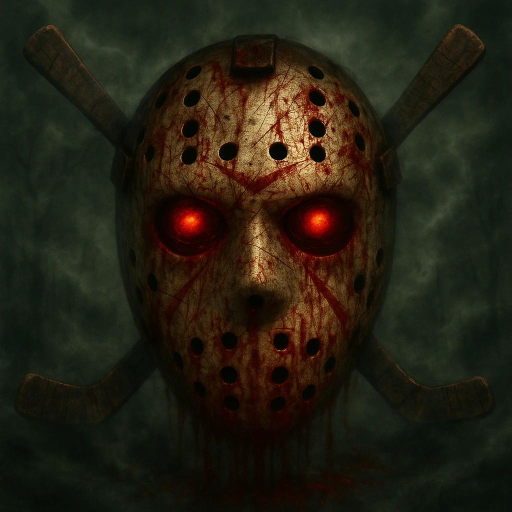 Edit the image of a Jason-style hockey mask with crossed hockey sticks. Add thick fog and increase gore with blood splatters and unsettling details to make it even scarier and more atmospheric. Remove any soccer ball or unnecessary sports balls, and do not add faces to any balls. Keep the horror and eerie vibe intact. emoji