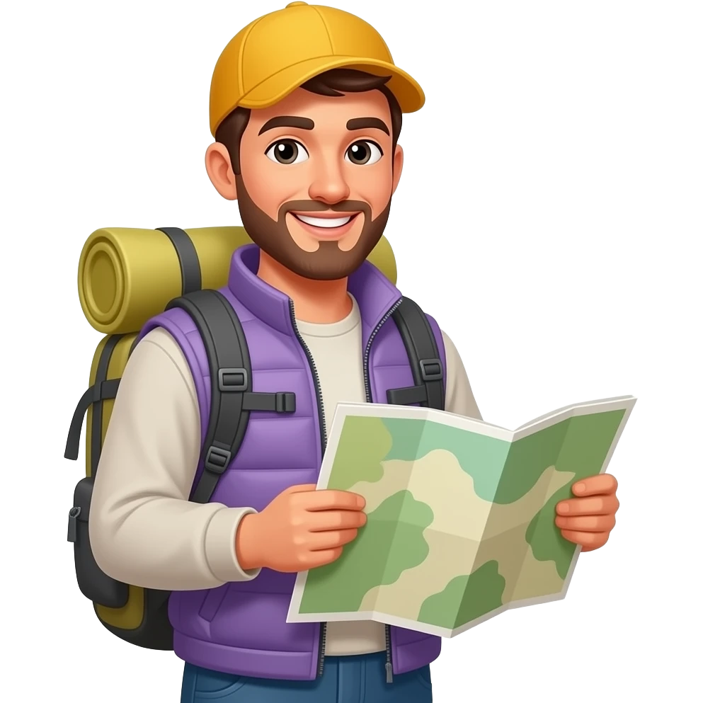 A smiling male travel guide in hiking clothes, wearing a lilac vest and yellow cap, backpack, holding an unfolded map in both hands, happy expression, adventure theme, portrait style, close-up, upper body, Apple emoji style, 3D cartoon, simple background, predominantly lilac and yellow colors emoji