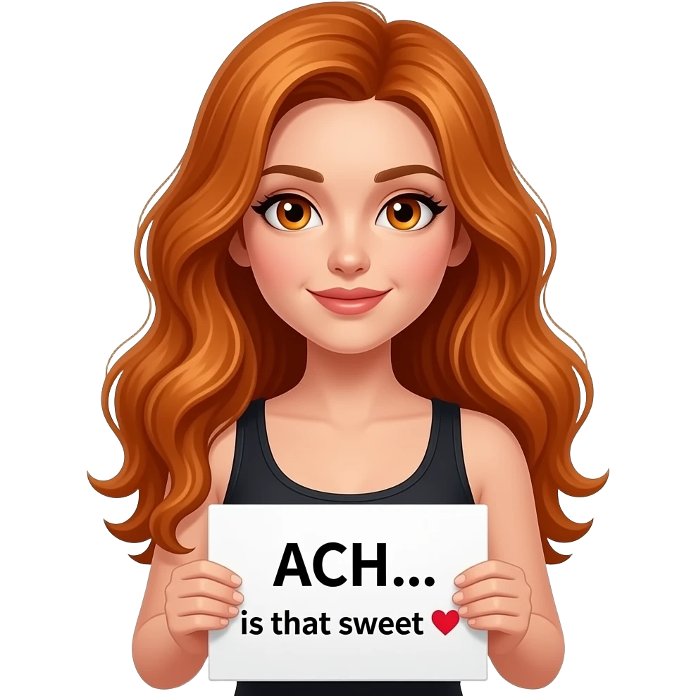 sexy girl with long wavy ginger hair and ginger eyes wearing a black tanktop is holding a white sign with ACH... ist das SÜSS 🧡  written on it emoji