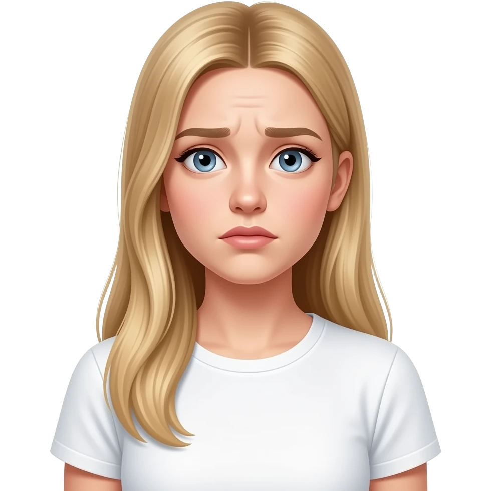 bella ragazza russa bionda capelli lisci lunghi e occhi chiari, con maglietta bianca e confusa emoji